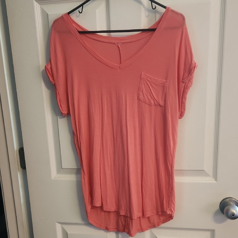Coral Asymmetrical Cuffed Sleeve Tee